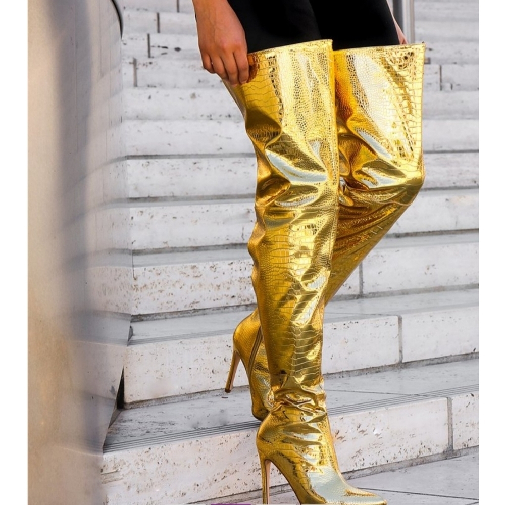 New In Box Gold Drama Queen Over The Knee Boot Sz 7 - Picture 3 of 16